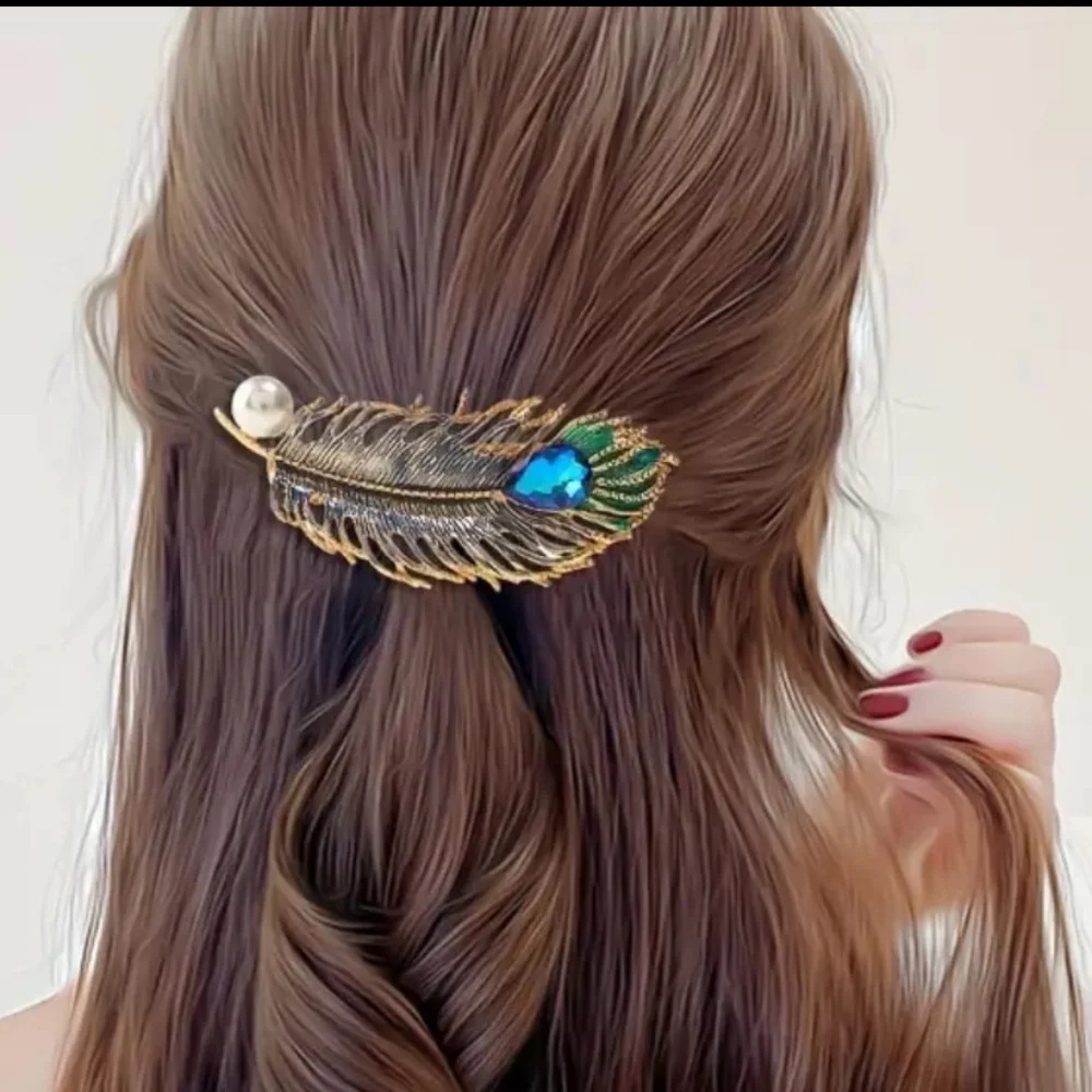 SILVER and  BLUE  Feather Hair Accessory with Peacock Design